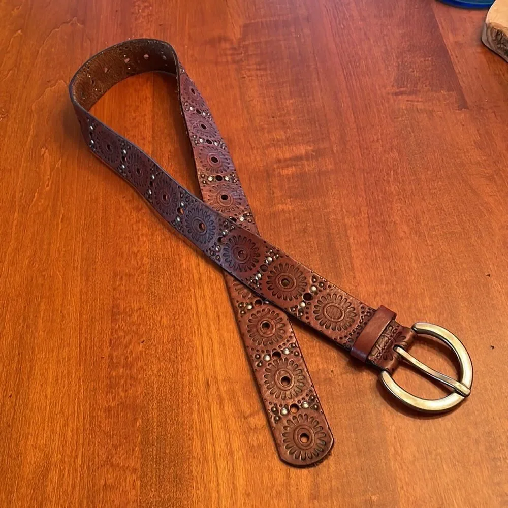 Fossil Embossed Leather Belt with Silver Studs & Buckle- Small